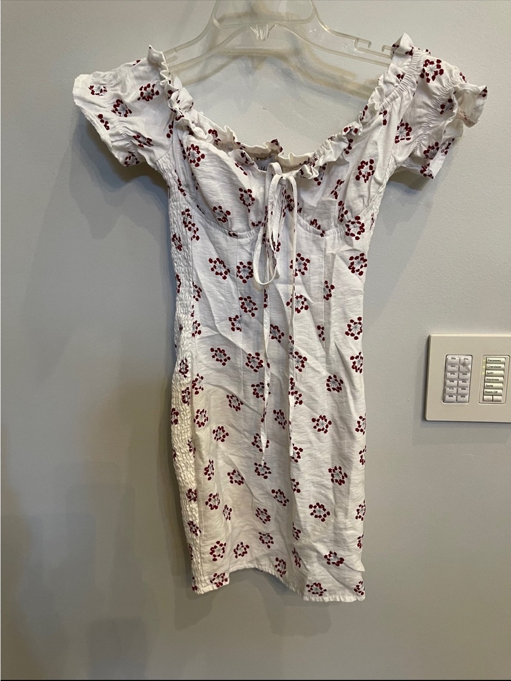 White Mini Dress with Burgundy Floral Print